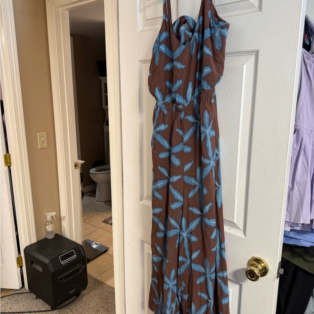 LOFT Brown and Blue Sleeveless Maxi jumpsuit